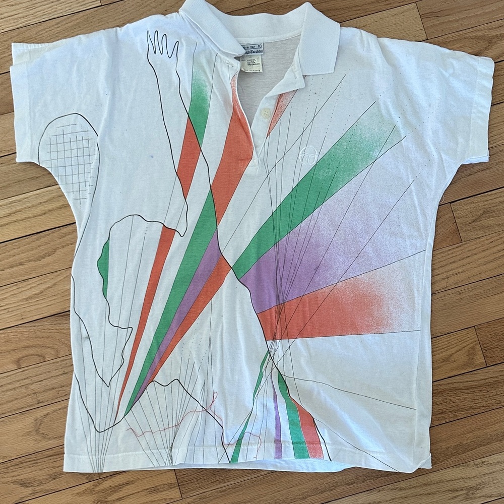 Sergio Tacchini White Polo Tee with Green, Orange, Purple Graphics